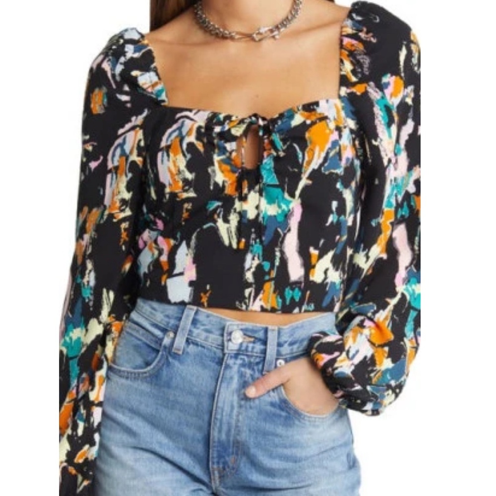 Open Edit Ruched Long Sleeve Keyhole Crop Top Sz Large